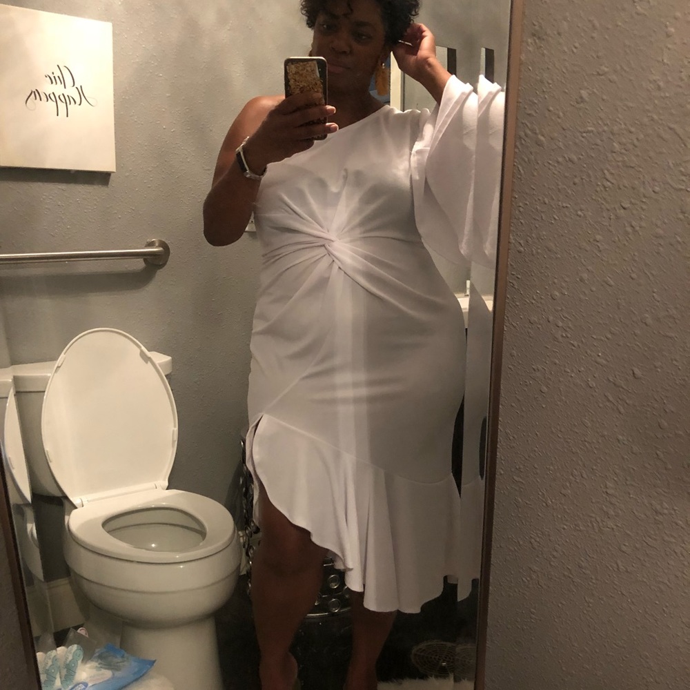 One shoulder twist from white dress